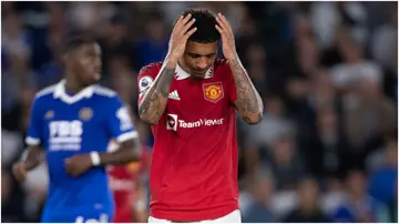 Jadon Sancho looks dejected during the Premier League match between Leicester City and Manchester United at The King Power Stadium. Photo by Joe Prior.