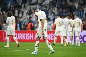 Marseille players react at the end of their defeat to Tottenham which eliminated them from Europe