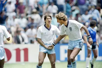Gary Lineker (L) is congratulated by teammate Terry Butcher (R) after scoring England's only goal in the 1986 World Cup quarter-final against Argentina