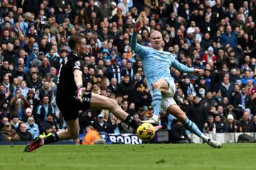 Erling Haaland scores Manchester City's second goal against Everton