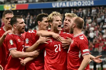 Morten Hjulmand's (centre) stunning strike brought Denmark level against England