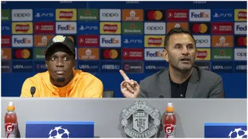 Galatasaray star, Wilfred Zaha and head coach, Okan Buruk speak to the press ahead of their Champions League match against Manchester United at Old Trafford on October 2, 2023.