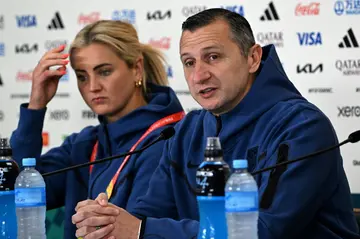 USA’s Lindsey Horan and head coach Vlatko Andonovski attend a press conference at Eden Park in Auckland