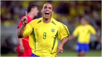 Ronaldo celebrates after scoring a goal for Brazil. Photo by Mark Leech.