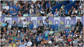 Brighton fans watch the action during their Premier League match against Liverpool FC at American Express Community Stadium. Photo by Steve Bardens.