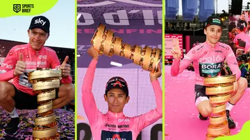 Christopher Froome, Egan Bernal, and Jai Hindley with their trophies after winning the Giro d'Italia.