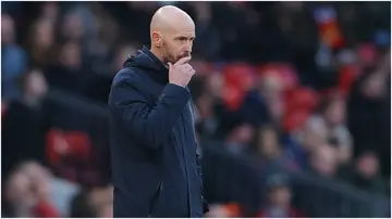 Erik ten Hag looks dejected during the Premier League match between Manchester United and Luton Town at Old Trafford. Photo by James Gill.