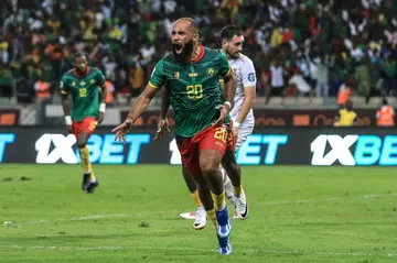 Bryan Mbeumo celebrates after scoring for Cameroon in a 2026 World Cup qualifier against Mauritius in Douala.