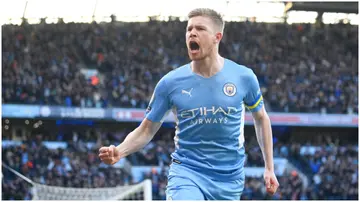 Kevin De Bruyne celebrates after scoring during the Premier League match between Manchester City and Manchester United at Etihad Stadium. Photo by Michael Regan.