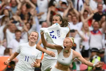 Match-winner - England  striker Chloe Kelly celebrates after scoring the winning goal in a 2-1 victory over Germany in the Euro 2022 final at Wembley