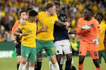 Alex Robertson (left) is protected by teammate Harry Souttar during a scuffle against Ecuador
