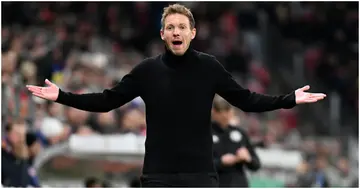 Julian Nagelsmann reacts during the DFB Cup round of 16 match between 1. FSV Mainz 05 and FC Bayern München at MEWA Arena. Photo by Christian Kaspar-Bartke.