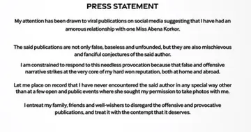 An image of the press statement released by former Black Stars captain Stephen Appiah rubbishing the amorous relationship allegations made by Abena Korkor. Photo credit: @StephenAppiah