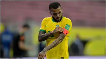 Dani Alves in action during a match between Brazil and Peru as part of South American Qualifiers for Qatar 2022 at Arena Pernambuco. Photo by Pedro Vilela.