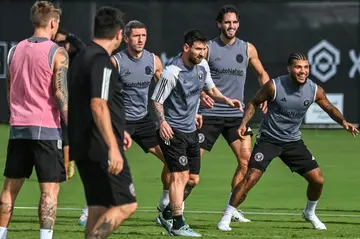 Inter Miami's Argentine forward Lionel Messi trains with teammates ahead of their Major League Soccer home game against Nashville SC