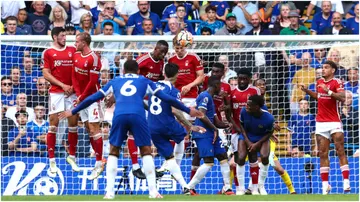 Nottingham Forest and Chelsea players in action during their Premier League match at Stamford Bridge. Photo by Charlotte Wilson.