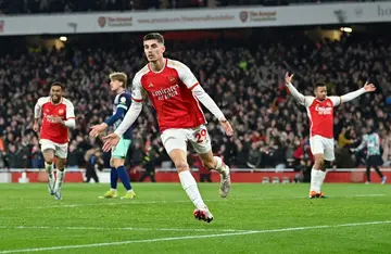 Arsenal's Kai Havertz celebrates scoring the late winner against Brentford