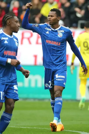 Habib Diallo celebrates after scoring for Strasbourg against Reims last weekend