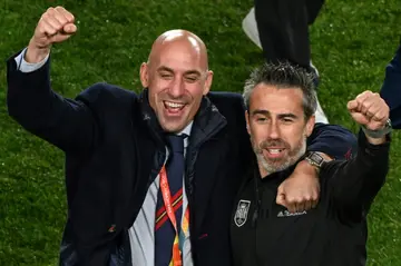 Spain coach Jorge Vilda (R) celebrates with Spanish federation president Luis Rubiales after the semi-final win over Sweden