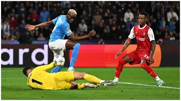 Victor Osimhen scores Napoli's second goal during the UEFA Champions League match against SC Braga.