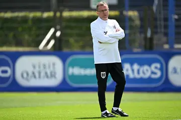 Austria's German coach Ralf Rangnick supervises a training session in Berlin this week