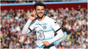 Mason Mount celebrates after scoring their team's first goal during the Premier League match between Aston Villa and Chelsea FC at Villa Park. Photo by Naomi Baker.