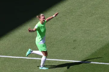 Wolfsburg and Germany forward Alexandra Popp celebrates scoring in the Champions League final against Barcelona