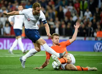 Matthijs de Ligt slides in to challenge Harry Kane during the last meeting between England and the Netherlands in the Nations League semi-finals in 2019