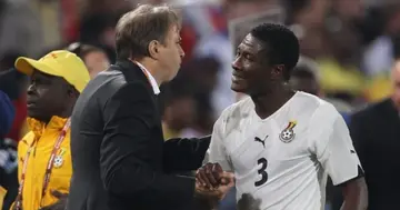 Asamoah Gyan with Milovan Rajevac at the World Cup in South Africa. SOURCE: Twitter/ @ghanasoccernet