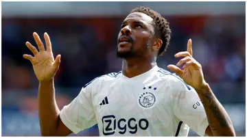 Ajax striker, Chuba Akpom, celebrates after scoring against FC Volendam in the Eredivisie on May 5, 2024. Photo: Geert van Erven.