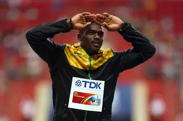 Bronze medalist Nesta Carter of Jamaica on the podium during the medal ceremony for the Men's 100 metres during the IAAF World Athletics Championships Moscow