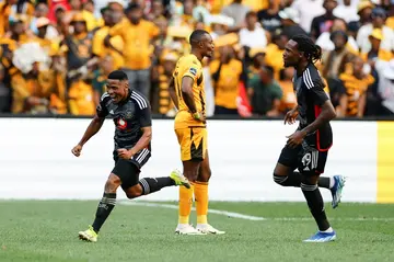 Thabiso Lebitso (L) celebrates scoring for Orlando Pirates in the Soweto derby against Kaizer Chiefs on Saturday.