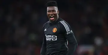 Andre Onana celebrates during the Premier League match between Manchester United and Wolverhampton Wanderers at Old Trafford. Photo by James Gill.