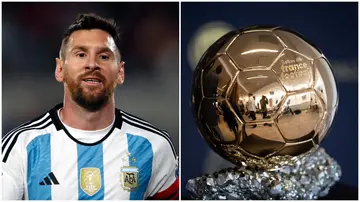 Lionel Messi in action for Argentina, alongside the Ballon d'Or award. He is rumoured to be the winner this year.