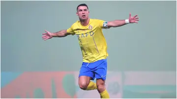 Cristiano Ronaldo celebrates after scoring during the Saudi Pro League match between Al Nassr and Al Ahli at Alawwal Park Stadium. Photo by Stringer.