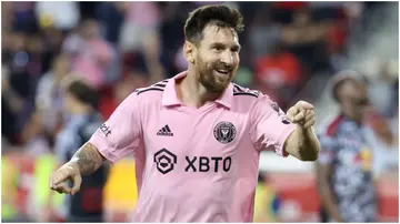 Lionel Messi celebrates after scoring during a match between Inter Miami CF and New York Red Bulls. Photo by Al Bello.