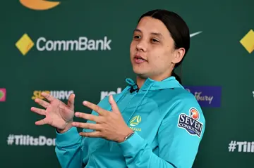 Australia star Sam Kerr speaking to media in Melbourne this week