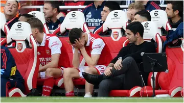 Mikel Arteta, Arsenal substitutes and members of the backroom staff look dejected during the Premier League match between Arsenal and Brighton at the Emirates Stadium. Photo by Shaun Botterill.