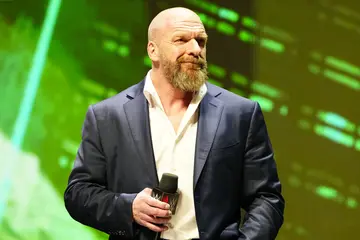 Triple H is seen during the WWE Wrestlemania XL Kickoff 