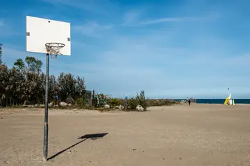 The entrance of one of the public beaches in Lido di Venezia, which has an area dedicated to basketball.