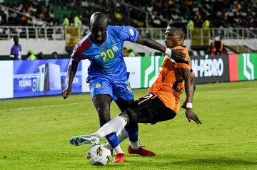 DR Congo goal-scorer Yoane Wissa (L) in action against Zambia at the Africa Cup of Nations on Wednesday