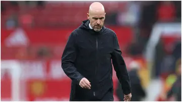 Erik ten Hag looks dejected at full-time following the Premier League match between Manchester United and Crystal Palace at Old Trafford. Photo by Alex Livesey.