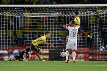 Colombia's forward Rafael Santos Borre celebrates after scoring in Thursday's 1-0 win over Venezuela as South American qualifying for the 2026 World Cup got under way