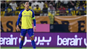 Cristiano Ronaldo stands over a free-kick during the Saudi Pro League football match between Al-Nassr and Al-Batin at the Mrsool Park Stadium. Photo by AFP.