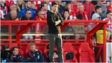 Mikel Arteta looks on during the Premier League match between Nottingham Forest and Arsenal at the City Ground. Photo by Jon Hobley.