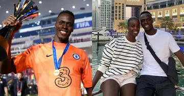 Edouard Mendy and his sister on a boat ride in Dubai. Credit: @13footballC @ChelseaFC