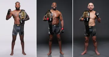 Three UFC champions, Leon Edwards, Jon Jones, and Alexander Volkanovski.