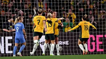 Australia's Mary Fowler (C) celebrates scoring against France