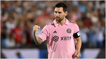 Lionel Messi reacts during the Leagues Cup 2023 Round of 16 match between Inter Miami CF and FC Dallas at Toyota Stadium. Photo by Logan Riely.