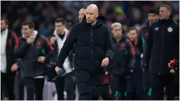 Erik ten Hag walks off the pitch during the Premier League match between Aston Villa and Manchester United at Villa Park. Photo by Joe Prior.